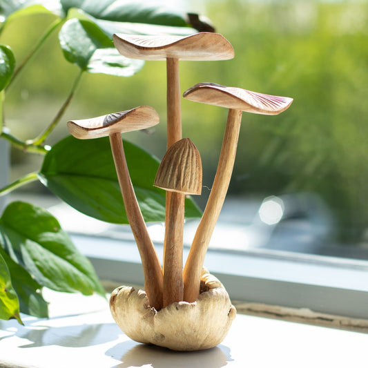 Handgefertigte Parasiten Holz Kunst Schnitzerei - 4er Set große Pilze